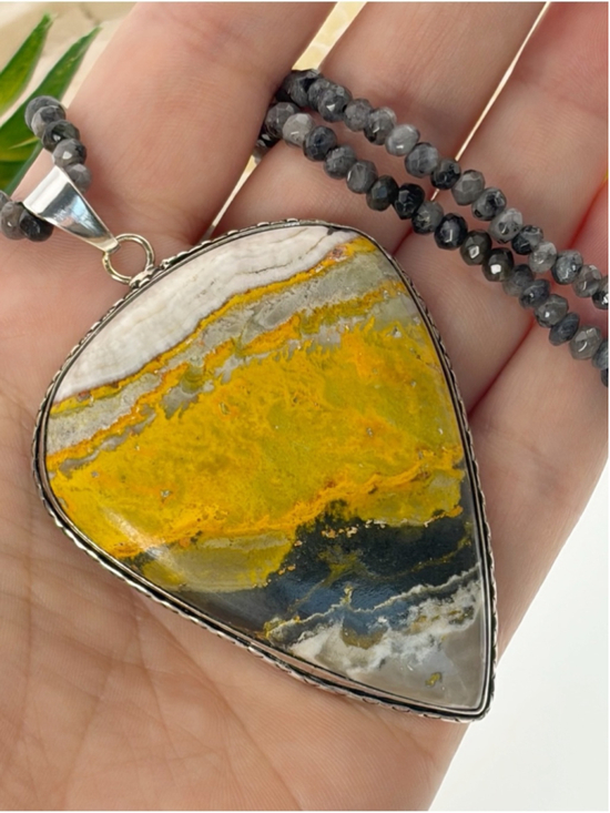 Southwest Jewelry - XL Bumblebee Jasper Pendant Moonstone Necklace 925 Sterling Silver Overlay